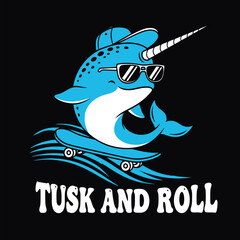 Cartoon narwhal with sunglasses riding a skateboard on a black backdrop
