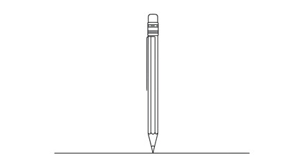 A minimalist black and white line drawing illustrates a sharpened wooden pencil with an eraser, standing upright on its tip, which touches a horizontal line.