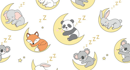 A charming seamless pattern featuring adorable baby animals like pandas, elephants, and koalas sleeping peacefully on crescent moons, surrounded by 'ZzZ' symbols and stars.