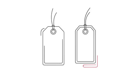 Two blank white outline tags with strings and eyelets, ready for custom text or pricing, featuring highlighted areas for design or information placement.