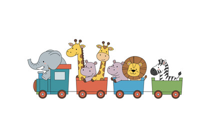 Obraz premium A group of cute cartoon safari animals including an elephant, giraffes, hippos, a lion, and a zebra are happily riding a colorful toy train.