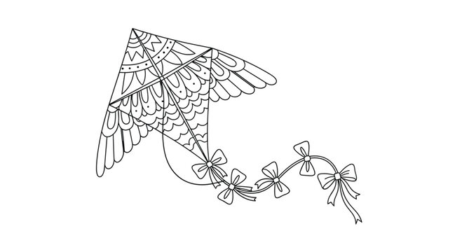 A whimsical black and white line art illustration of a decorative kite, featuring intricate patterns and a long, flowing tail adorned with charming bows, ideal for a coloring page.