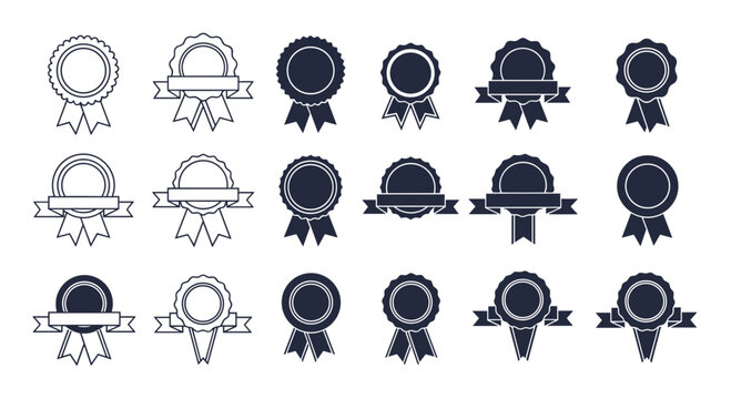 A versatile collection of monochrome vector award badges and rosettes, showcasing diverse designs in outline and solid fill styles with various ribbons and banners.
