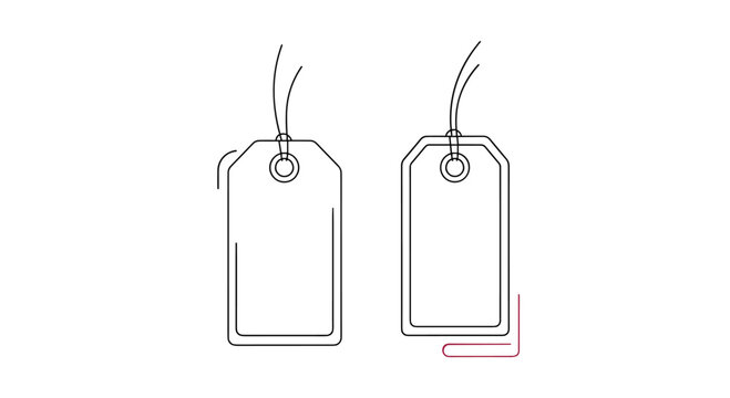 Two blank white outline tags with strings and eyelets, ready for custom text or pricing, featuring highlighted areas for design or information placement.