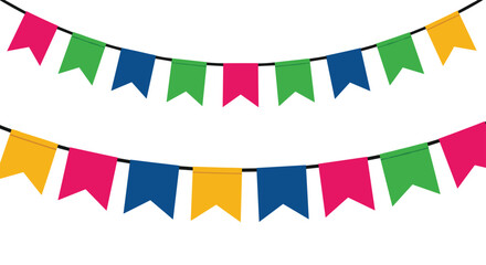 Obraz premium Vibrant and cheerful vector illustration featuring two rows of colorful pennant banners or bunting, creating a festive atmosphere for parties and celebrations, isolated on white.
