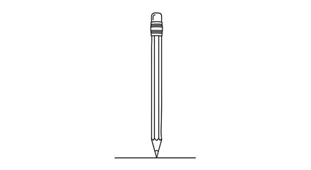 Minimalist black outline drawing of a classic wooden pencil with an eraser, standing vertically on its sharpened tip and drawing a single horizontal line.