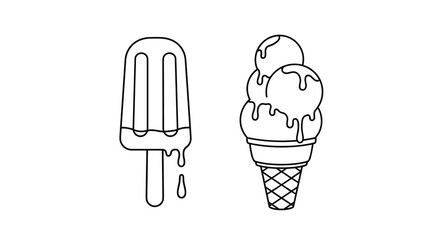 Black and white line art illustration of a delicious, melting popsicle and an ice cream cone with multiple scoops and dripping topping, perfect for summer.