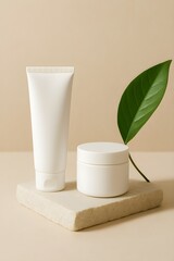 Natural Skincare Product Mockup – White Cosmetic Tube and Cream Jar with Green Leaf on Beige Background