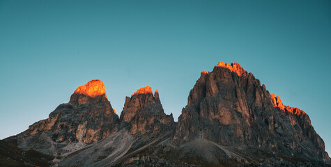 View of the Langkofel group in the morning light in Italy.