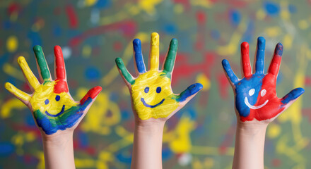 Colorful painted hands with smiley faces, representing happiness and joy