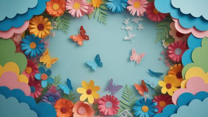 Colorful paper flowers and butterflies on a light blue background