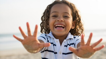 Happy child reaching towards the camera with open hands on a sunny beach
