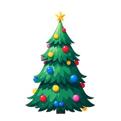 Obraz premium Festive green christmas tree decorated with colorful ornaments and star