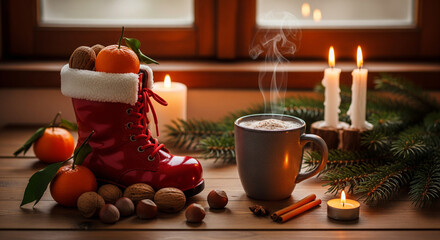 Cozy Mikulás Table Still Life with Candles and Hot Cocoa for winter lifestyle photography, cozy holiday marketing, festive food blog header, christmas magazine cover, seasonal beverage promotion