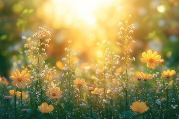 Obraz premium Golden sunlight illuminates a blooming wildflower meadow during early morning hours in spring