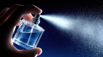 Hand spraying perfume from a glass bottle, releasing a fine fragranced mist, symbolizing luxury, freshness, and personal care against a dark backdrop