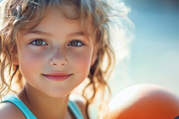 Young girl smiling brightly while holding a basketball outdoors during sunny weather