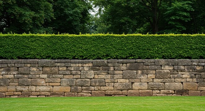 Ancient stone blocks form a sturdy retaining wall supporting a vibrant, well-maintained green hedge structure in an outdoor garden setting, separation, division, growth