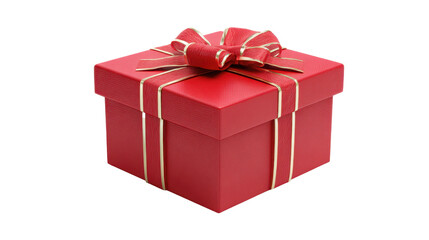 Fototapeta premium Red gift box wrapped with gold ribbon and bow, illustrating themes of celebration, holidays, birthday, christmas, and surprise, isolated on a transparent background