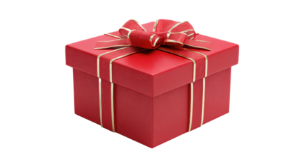 Red gift box wrapped with gold ribbon and bow, illustrating themes of celebration, holidays, birthday, christmas, and surprise, isolated on a transparent background