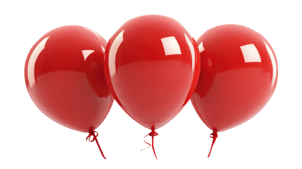 Three red balloons floating, symbolizing celebration, joy, and success for festive occasions, marketing events, or holiday declarations on a transparent background