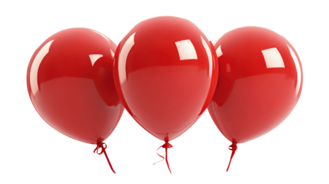 Three red balloons floating, symbolizing celebration, joy, and success for festive occasions, marketing events, or holiday declarations on a transparent background