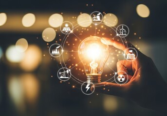 Innovative idea light bulb with connected industry icons