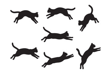 Set of Jumping Cat Silhouettes on White Background.