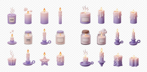 A diverse collection of lit purple and pink candles in various shapes, sizes, and styles, including pillar, taper, and jar candles, some with smoke and dripping wax.