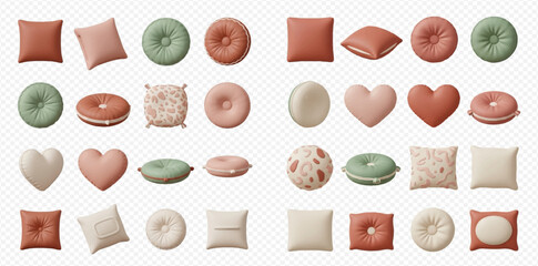 A large collection of various decorative pillows and cushions in different shapes, colors, and textures, isolated on a transparent background.