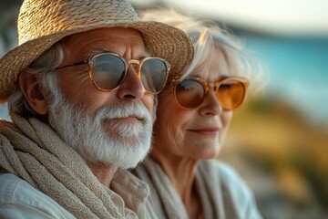 Older couple enjoying a sunny day by the seaside, wearing sunglasses and hats while embracing the serene atmosphere
