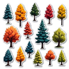 A set of stickers of various trees on a white background.