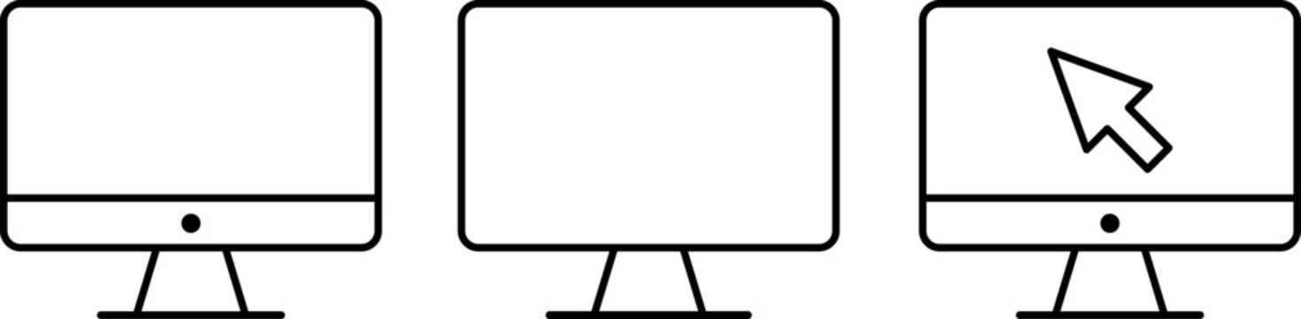 Three computer monitors with one displaying a cursor