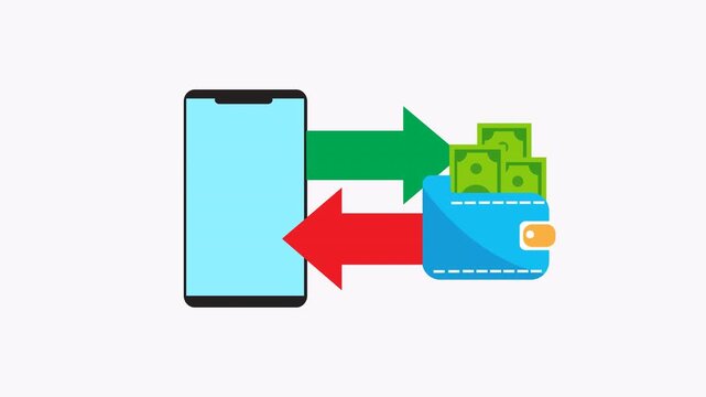 Phone and wallet with arrows indicating money transfer exists. Suitable for finance, banking, mobile payment, and technology concepts.