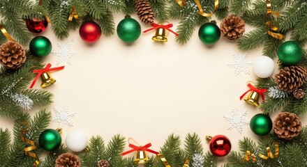 Christmas border with ornaments and pinecones