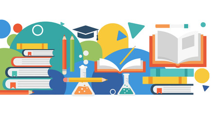 Educational illustration with books pencils and scientific beakers representing learning and knowledge.