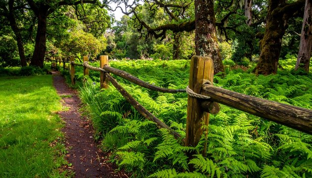 A tranquil pathway bordered by a rustic fence in a verdant forest - Powered by Adobe