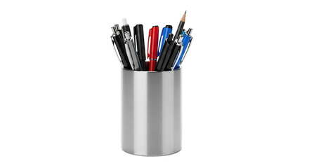 Set of writing and drawing tools in a metal cup isolated on black background