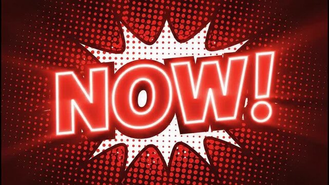 Comic book style now exclamation with red text on white burst over halftone background design