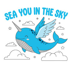 A blue narwhal with wings and a horn flying in the sky with clouds stars