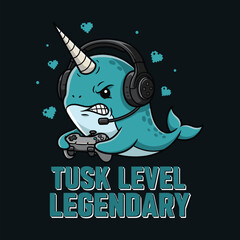 Cartoon narwhal with headset playing video game with controller illustration