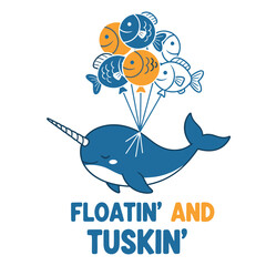 A cartoon narwhal floating with fish shaped balloons tied to its tusk