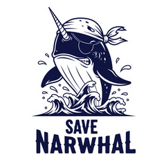A cartoon narwhal pirate with eyepatch emerging from ocean waves drawing