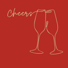 Line art illustration of champagne glasses with &ldquo;Cheers&rdquo; lettering on red background, festive minimalist design