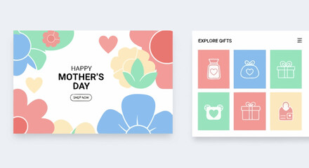 Happy Mothers Day Web Banner and Gift Icon Set.