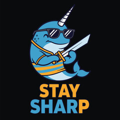 Cartoon narwhal wearing sunglasses and holding a sword on black background