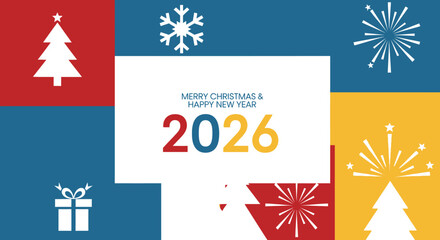 Modern colorful greeting card for Merry Christmas and Happy New Year 2026.