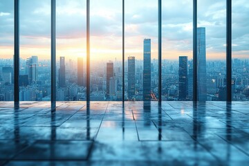 Stunning urban skyline view from a modern office with sunset reflections on the floor