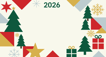 Festive 2026 New Year Card with Christmas Trees and Gifts.