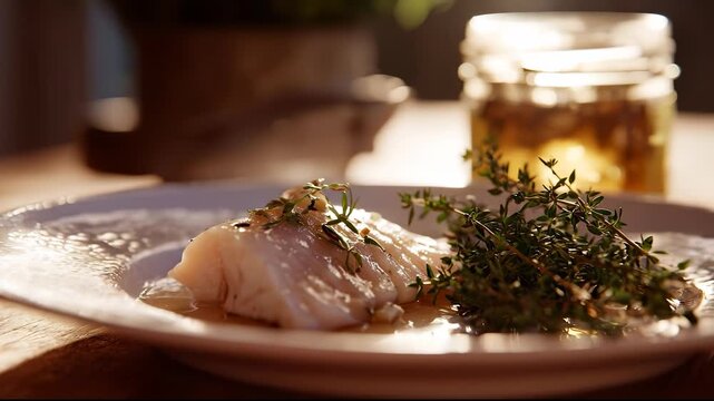 A beautifully cooked fish is plated with fresh thyme, showcasing its delicate texture and natural flavors. The fish and thyme create a simple yet elegant meal on a rustic table.